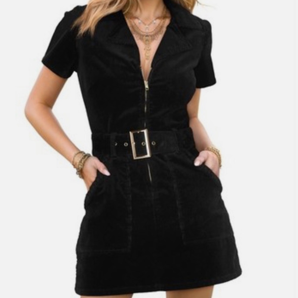 Women’s Corduroy Zip Up, Black Belted Dress - Picture 1 of 5